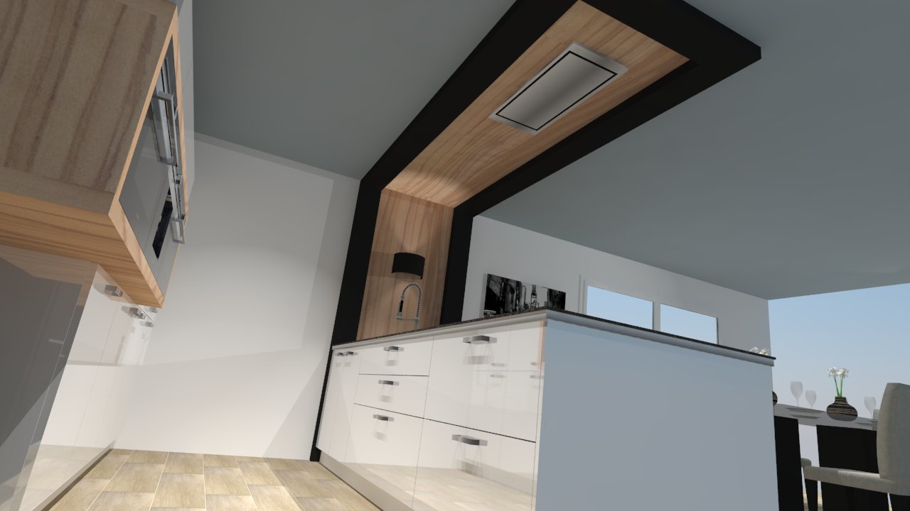 Cuisine moderne laquée blanc brillant avec îlot