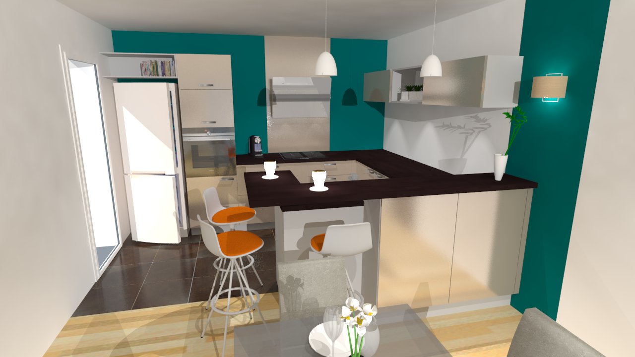 Cuisine en u beige et marron