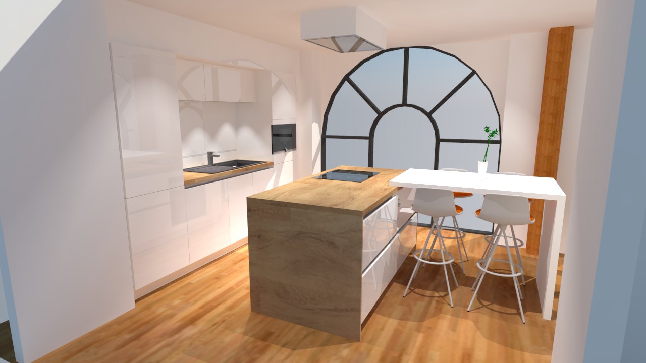 Cuisine blanc brillant avec îlot, plan de travail bois