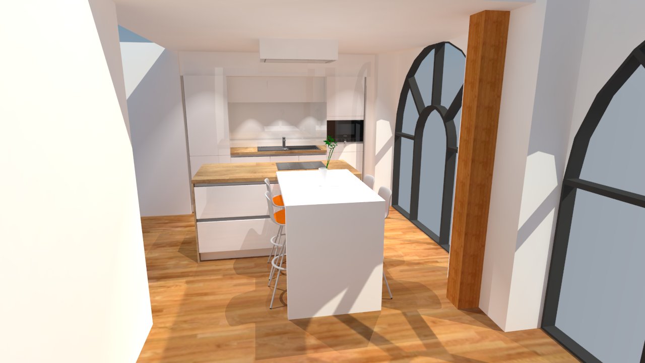 Cuisine blanc brillant avec îlot, plan de travail bois