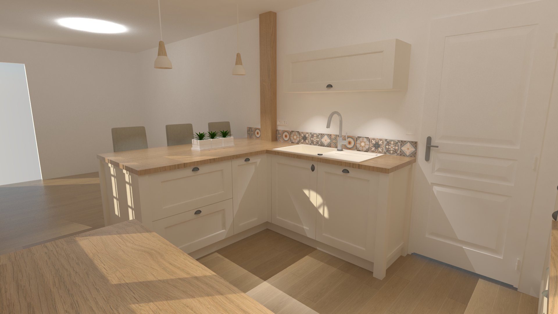 Cuisine beige et bois style campagne chic