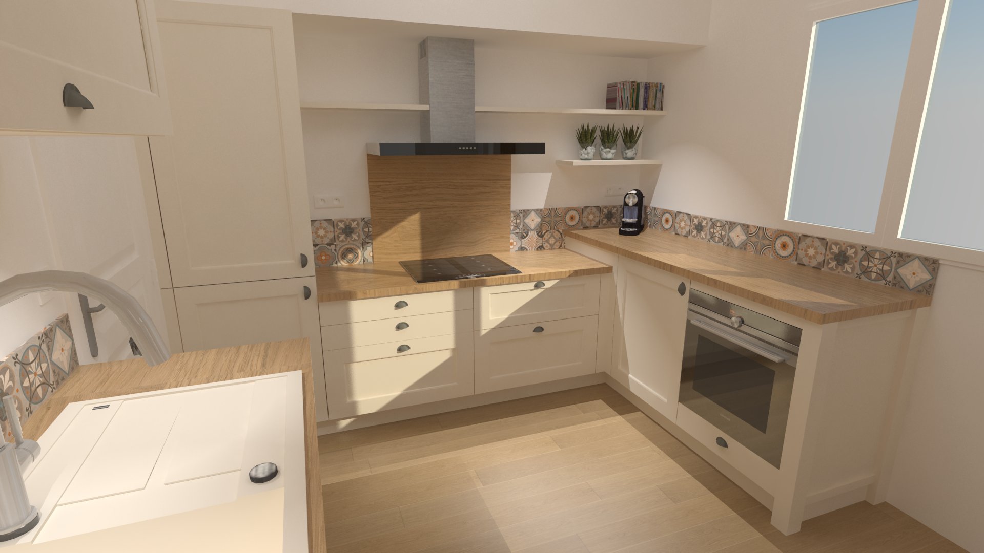 Cuisine beige et bois style campagne chic
