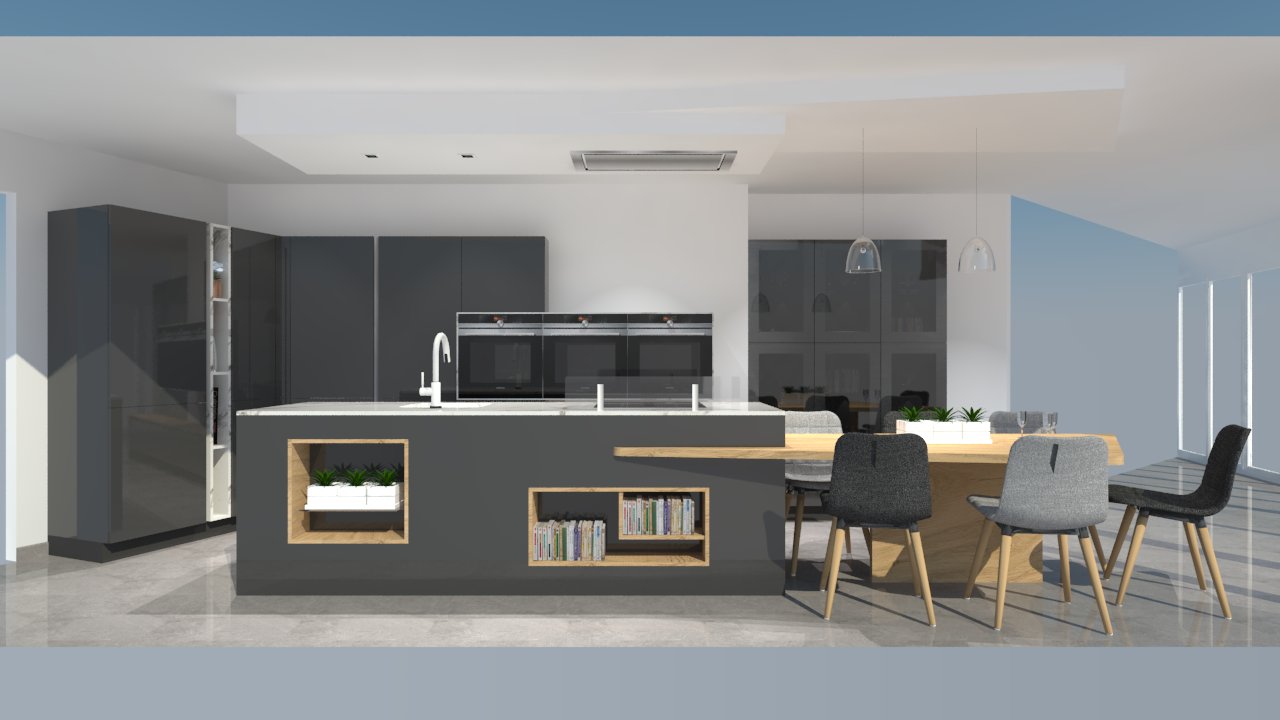 Cuisine moderne avec îlot phénix gris anthracite et bois