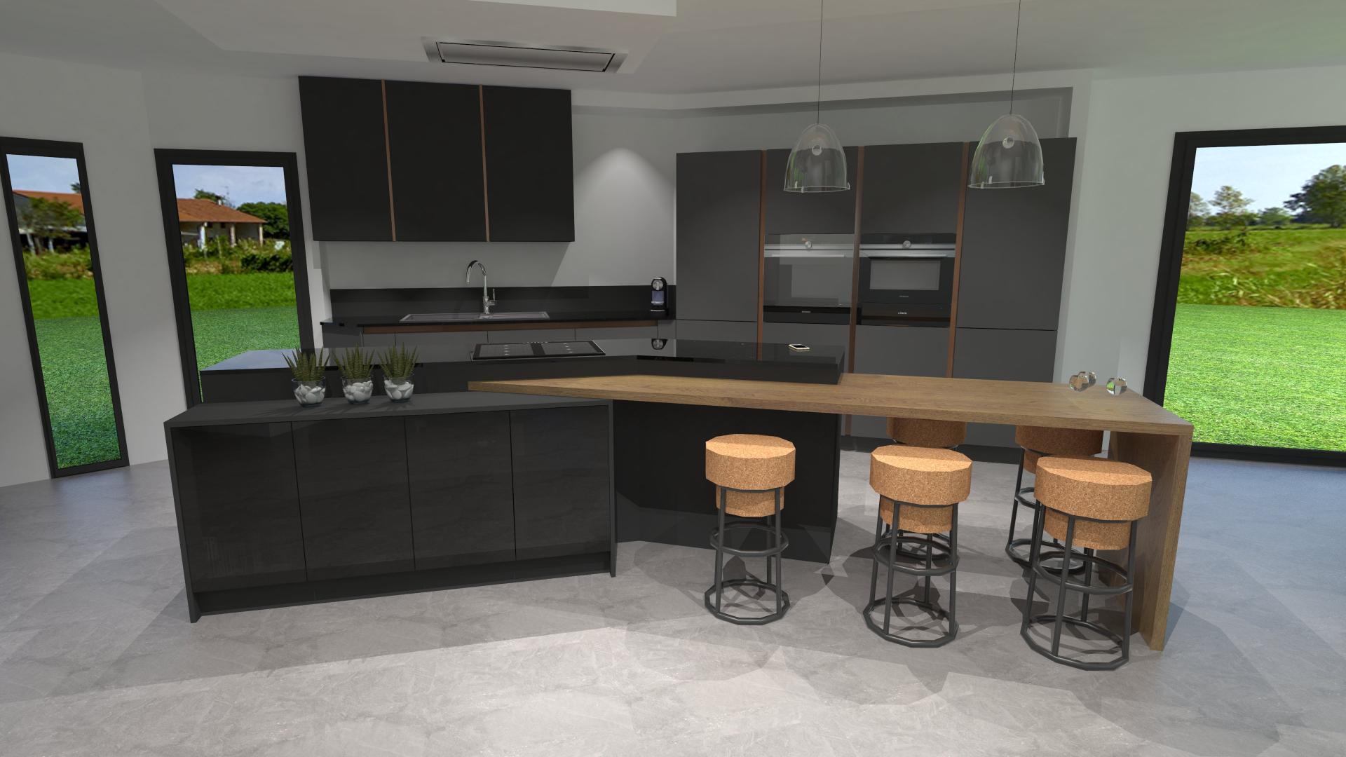 Chambre A Coucher Junior : Cuisine gris anthracite, bois et CUIVRE avec îlot design Chambre A Coucher Junior : Cuisine gris anthracite, bois et CUIVRE avec îlot design