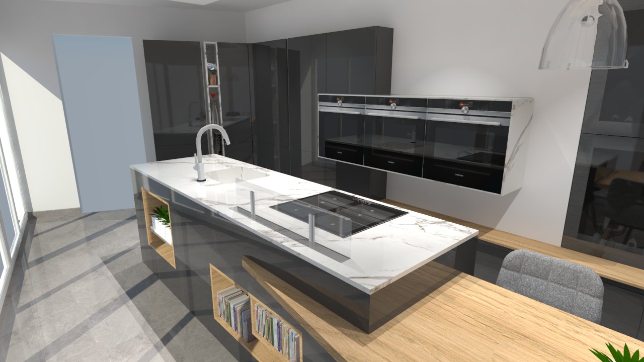 Cuisine moderne avec îlot phénix gris anthracite et bois
