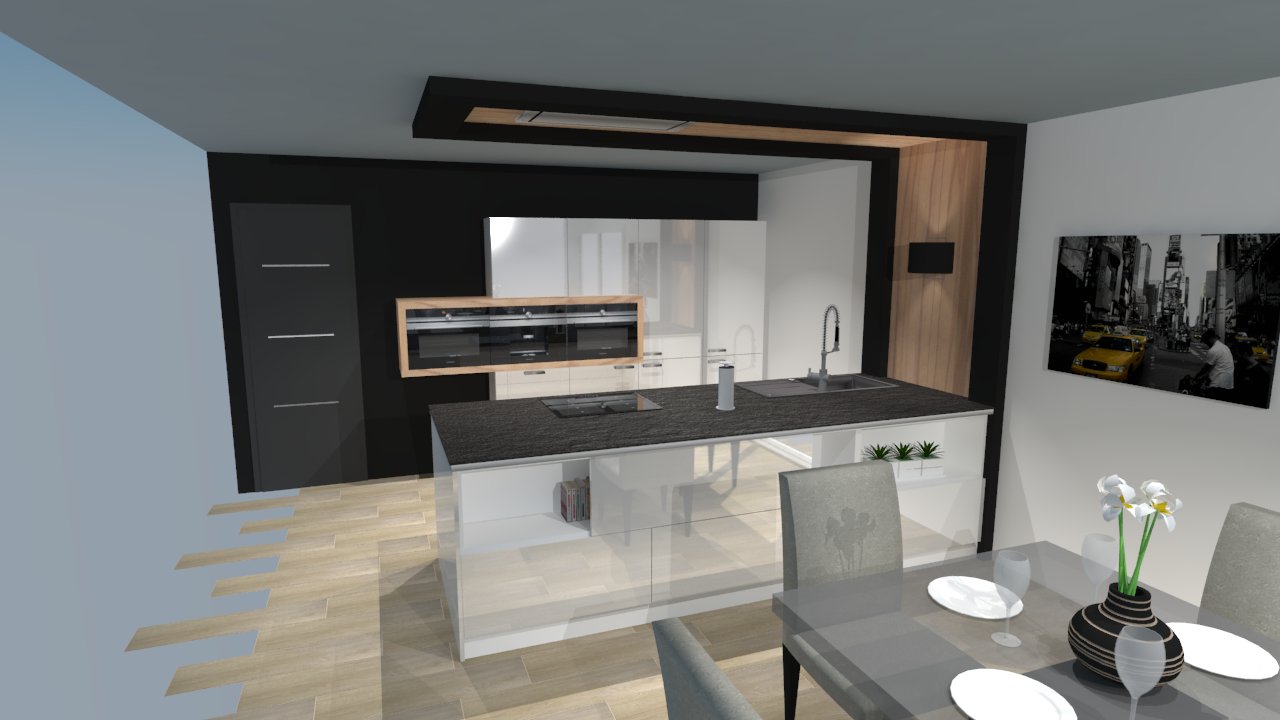 Cuisine moderne laquée blanc brillant avec îlot