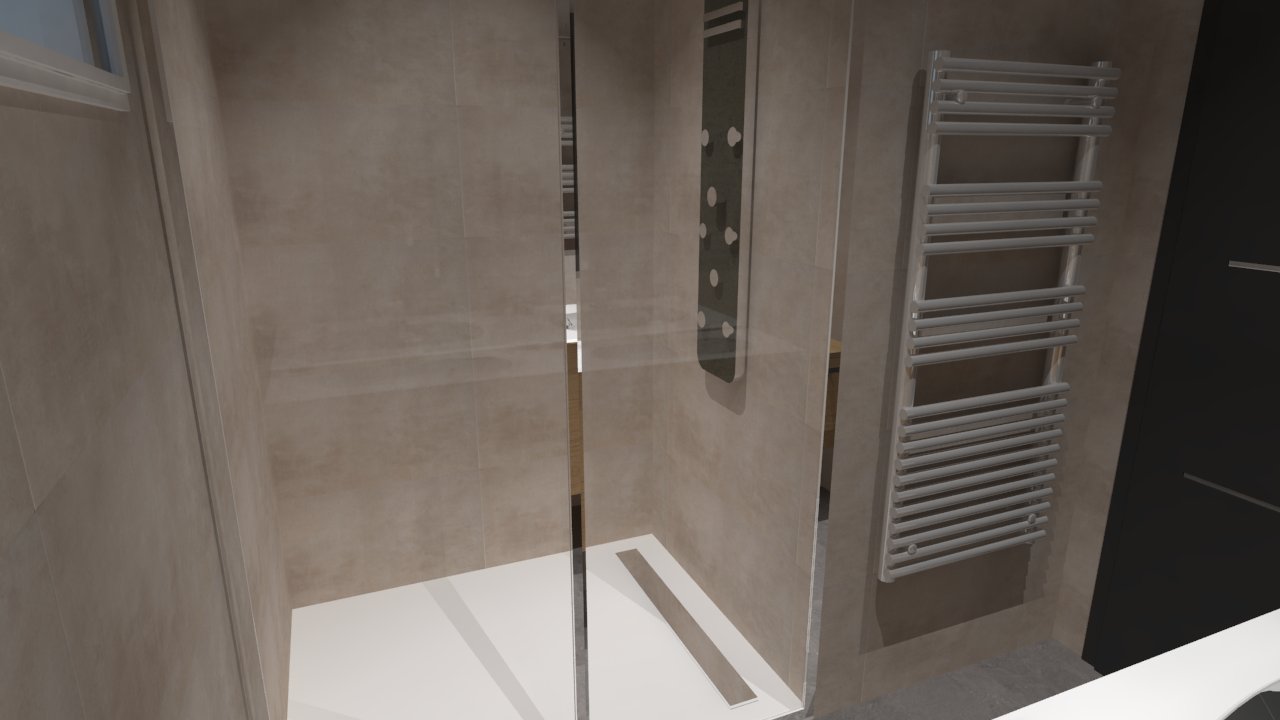 Salle de bain bois beige blanc gris avec douche italienne