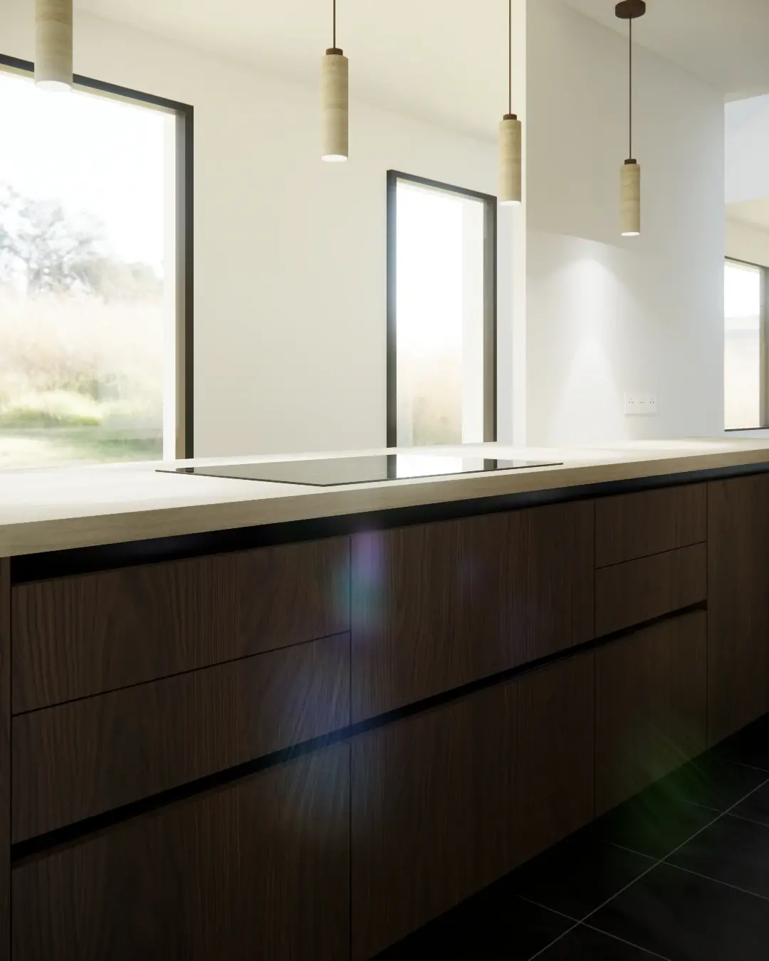 Alignement de casseroliers a gorges sans poignees cuisine equipee facades bois