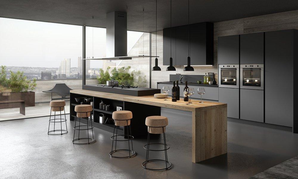 Cuisine design avec ilot gris anthracite et bois sans poignees