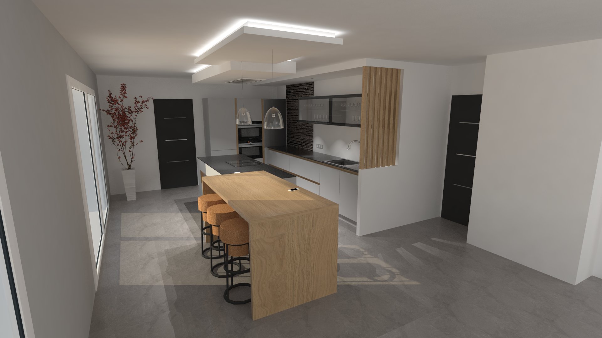 Cuisine Design Gris Clair Et Bois Avec Grand îlot Et