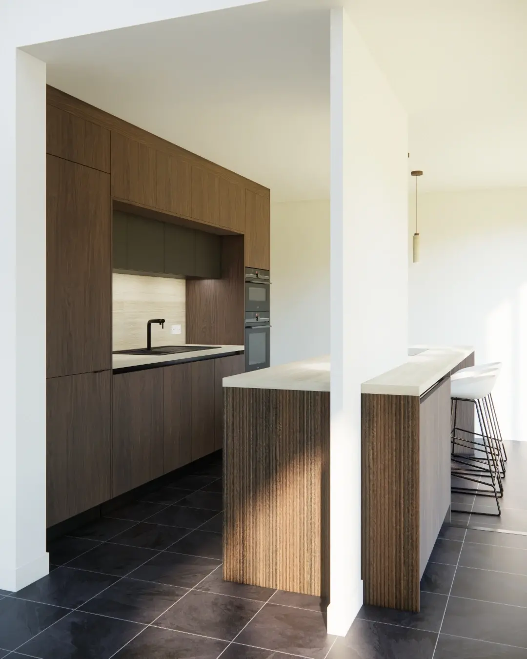 Cuisine design bois avec ilot et stries