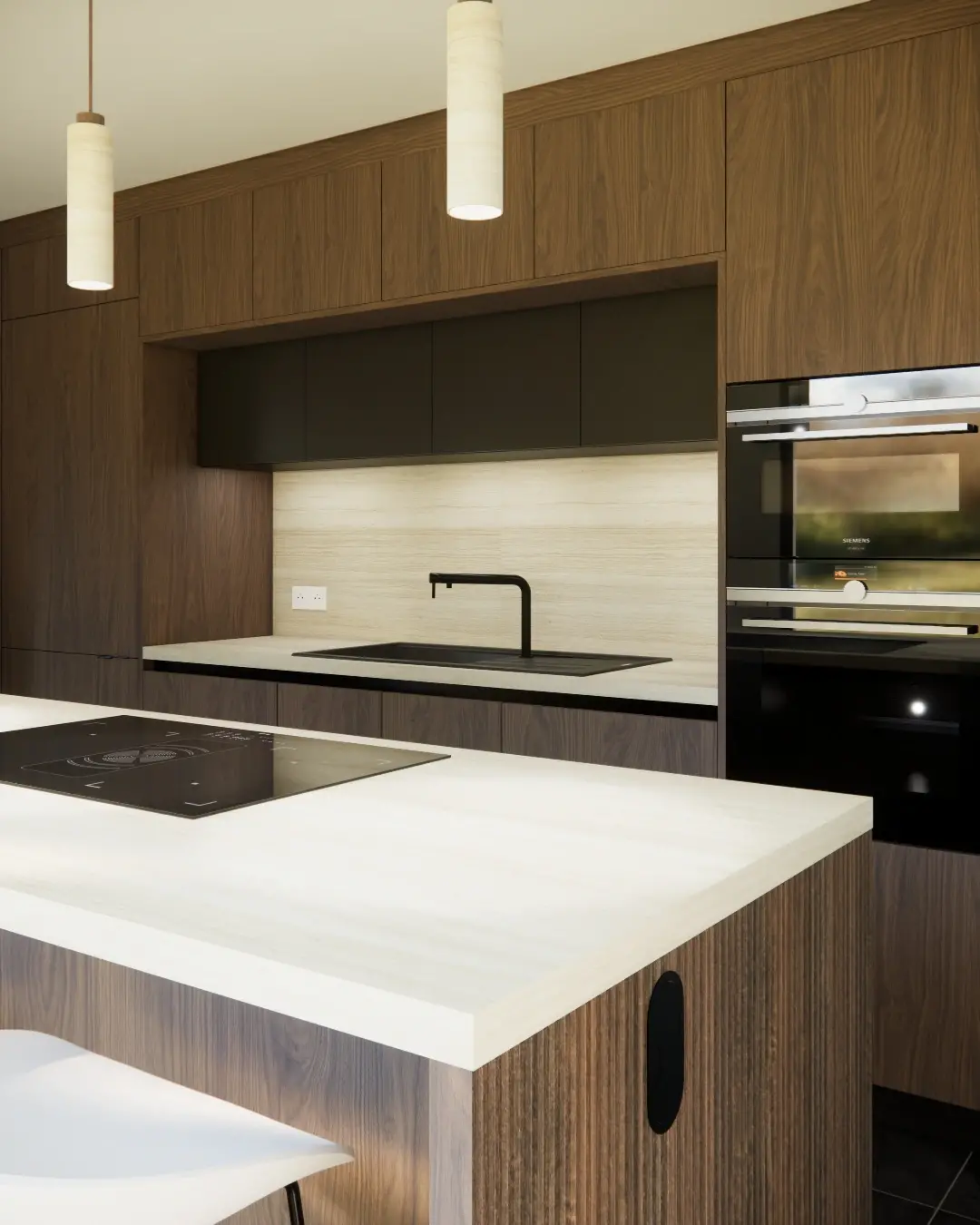 Cuisine equipee design avec ilot facades en bois et plans pierre beige