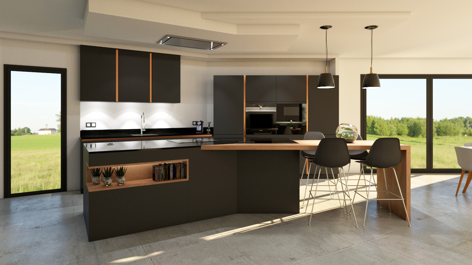 Cuisine Gris Anthracite Bois Et Cuivre Avec îlot Design