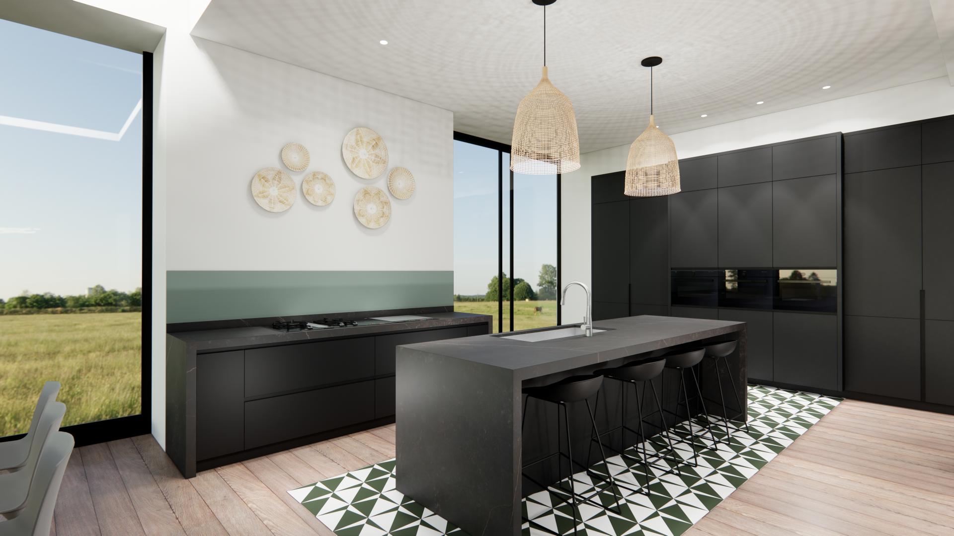 Cuisine laquée noir mat et plans en Dekton Kelya