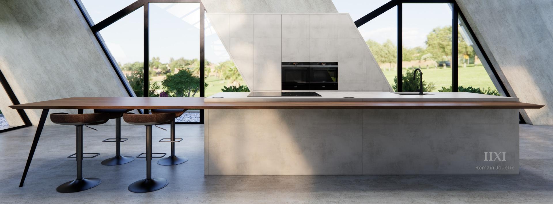 Cuisine loft ilot gris beton dekton et noyer