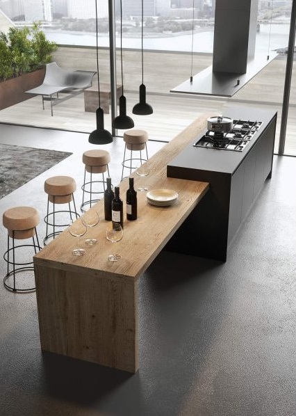 Cuisine moderne gris anthracite avec espace repas en bois