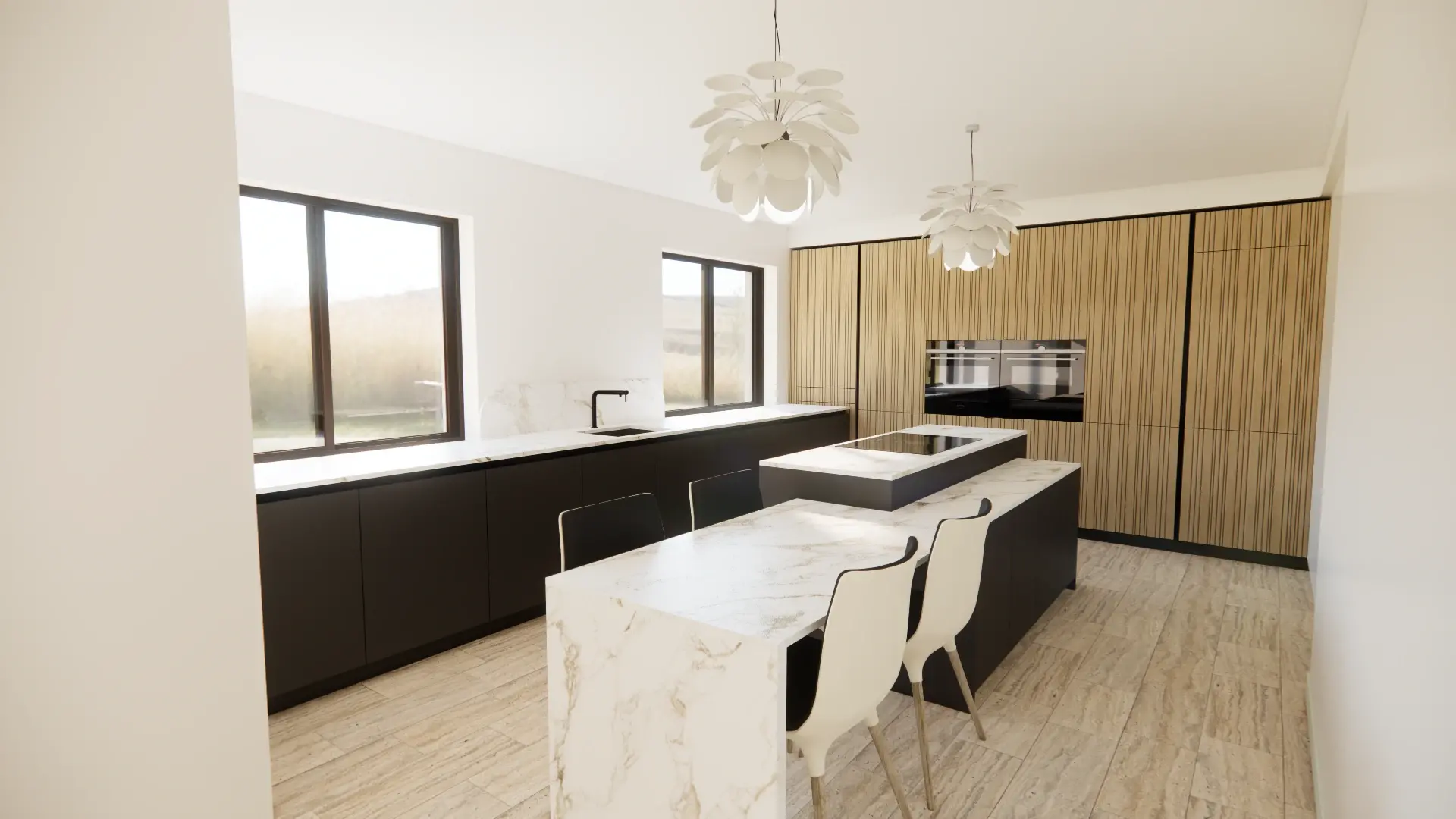 Cuisine noire et bois avec plans de travail en marbre