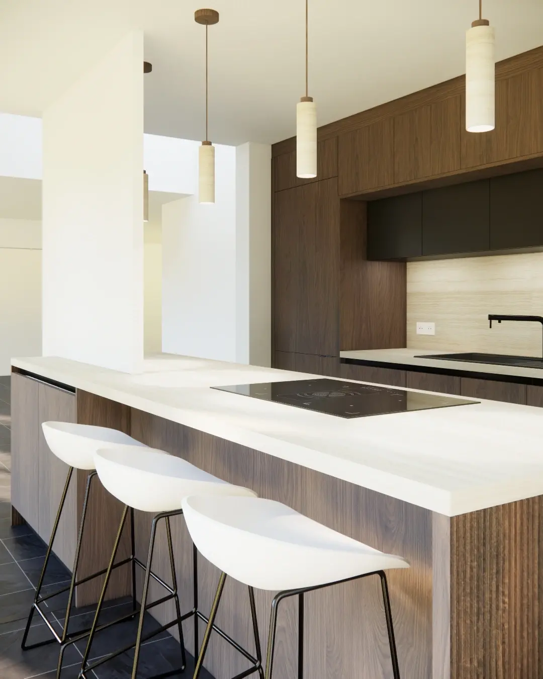 Ilot de cuisine moderne avec espace repas et facades bois