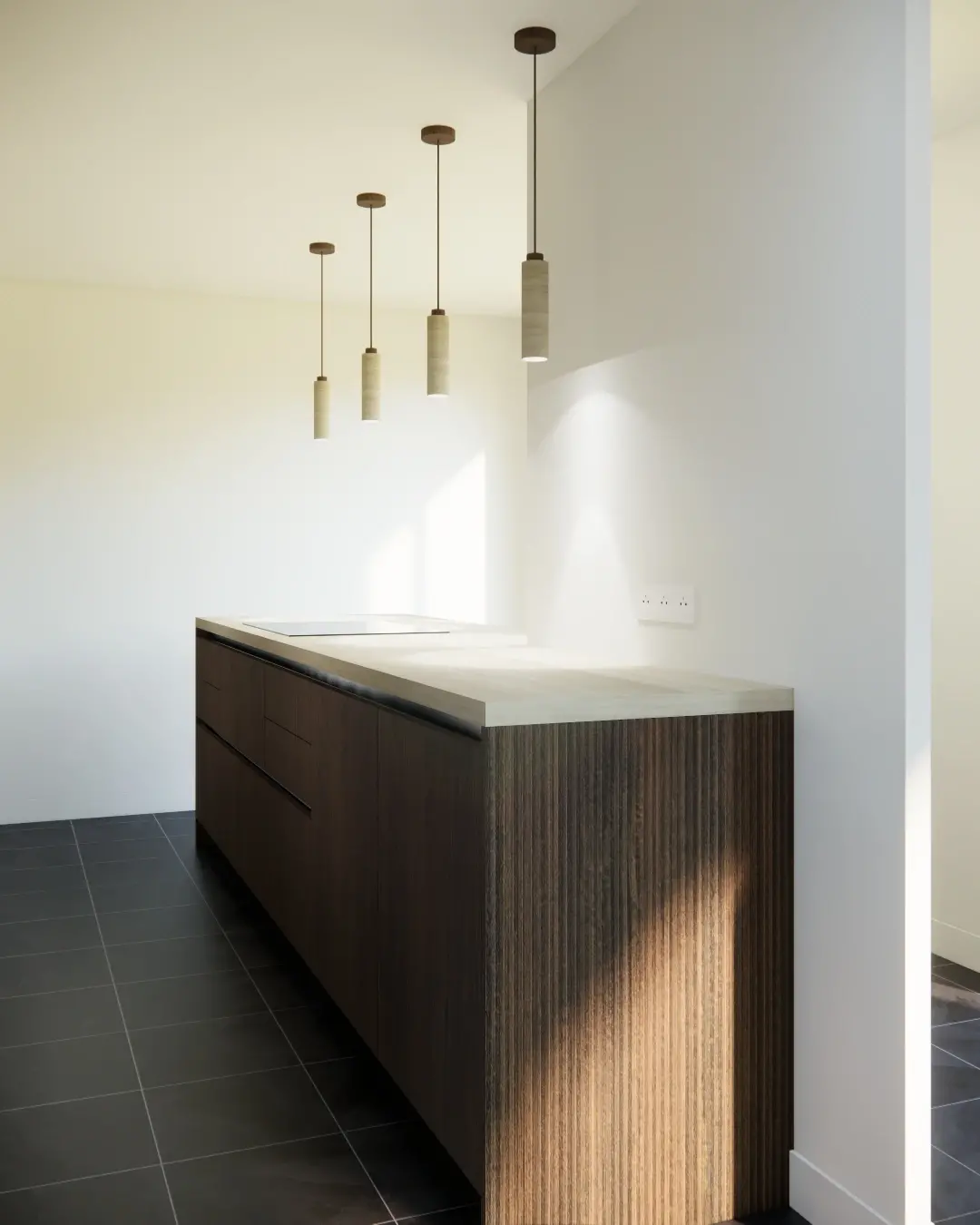 Ilot de cuisine sans poignees bois stries et suspensions