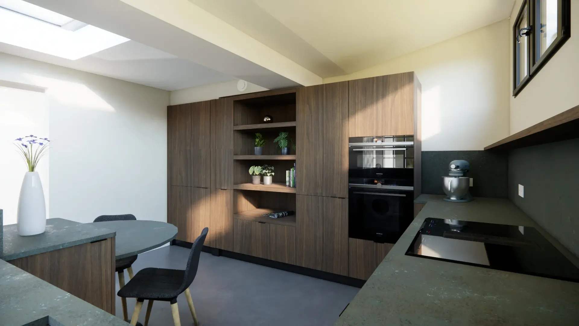 Façade en bois strié et plan de travail en pierre verte