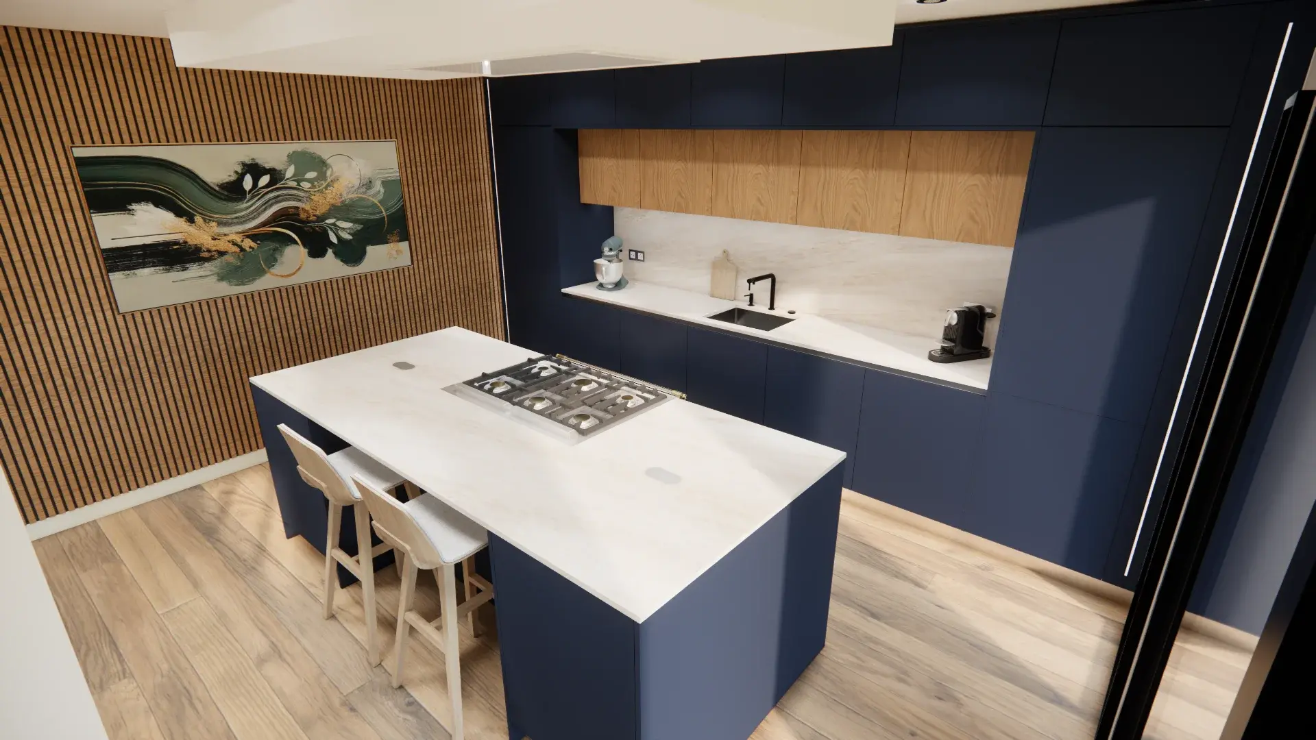 Cuisine ilot bois noyer bleu marbre